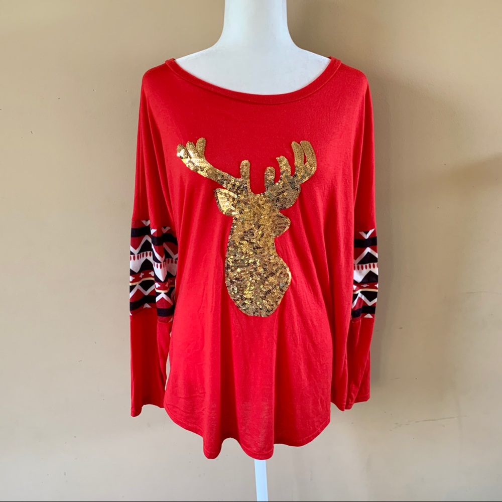 Qearal Large Christmas Reindeer Red Gold Shirt